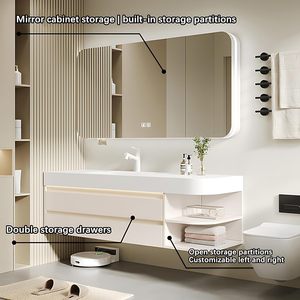 Meuble-lavabo mural blanc crème personnalisé avec double tiroir, étagère ouverte et armoire miroir LED intelligente anti-buée - Product Image 3