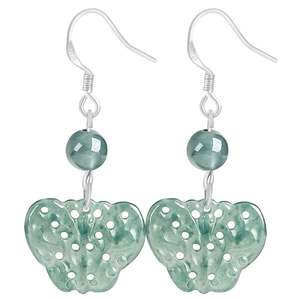 Pendientes de plata S925 con esmeralda natural azul agua y diseño de mariposa - jadeíta de grado hielo, estilo antiguo para mujer - Product Image 3