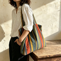 Sac fourre-tout rétro à rayures arc-en-ciel 100 % coton, style décontracté, sac à bandoulière en toile de coton et lin contrastant pour femme