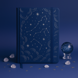 Carnet de notes bleu foncé Constellation avec étoiles argentées, couverture rigide 160 g/m², format A5, design Astrologie et Lune, journal intime, cadeau - Product Image 1