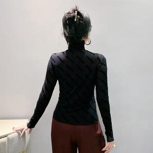 Autumn New Slim-Fit Flocking Burning Flower Turtleneck Print Long-Sleeved T-<strong>shirt</strong> Women's Sexy Trendy Small <strong>Shirt</strong> Fashion - Product Image 4