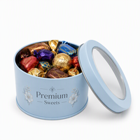 Boîte en métal ronde bleue personnalisée avec couvercle transparent pour biscuits, chocolats et cadeaux