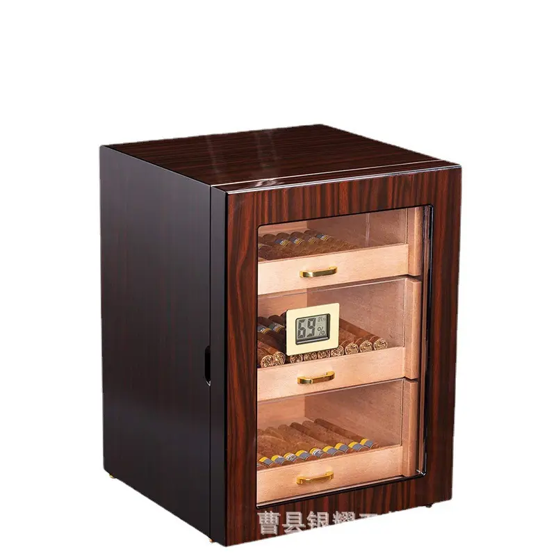 Kotak cedar humidor kayu tiga lapis bersegel kapasitas besar gloss tinggi cat perspektif jendela Humidor termometer kelembaban