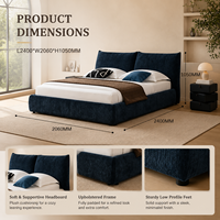 Lit plateforme moderne écologique en tissu bleu avec cadre en bois, tête de lit moelleuse et table de chevet