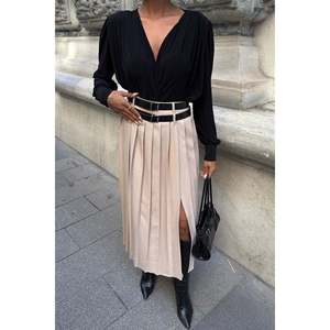 Jupe plissée élégante à taille haute avec double ceinture en satin pour femme 4055 - Product Image 5