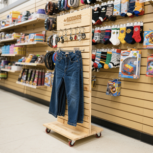 Espositore da Terra in Legno Personalizzato con Ruote per Uso Commerciale, Design Moderno per Pantaloni, Giocattoli, Cinture e Calzini - Product Image 2