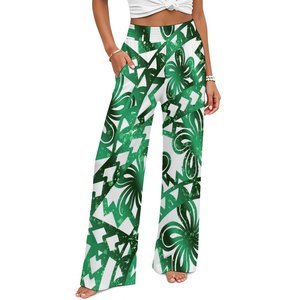 <span class=keywords><strong>Pantaloni</strong></span> <span class=keywords><strong>Palazzo</strong></span> <span class=keywords><strong>a</strong></span> Vita Alta con Stampa Tribale Polinesiana Personalizzata, Gamba Larga, Verde e Bianco, con Elastico in Vita e Tasche per Donna - Product Image 1