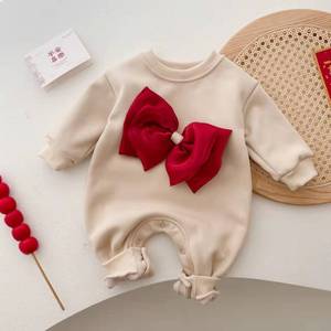 Tenue de <span class=keywords><strong>Nouvel</strong></span> <span class=keywords><strong>An</strong></span> pour bébé : Combinaison et barboteuse d'hiver en coton doublé polaire avec nœud pour nouveau-né - Product Image 4