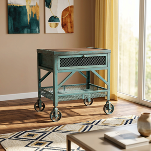 Table d'appoint mobile industrielle vintage en fer rustique sur roulettes avec plateau de service et 1 tiroir pour hôtel, salon ou mobilier de maison - Product Image 3