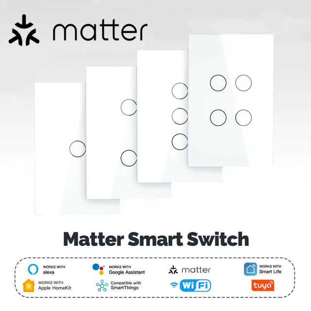 Matter Smart Switch Wi-Fi App Control Touch Wall Light Neutral Wire/No Neutral 1-4 Gang US Plug