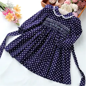 fall girls smocked dresses for baby frock kids clothing Navy Dot long sleeve birthday party embroidery B41570
