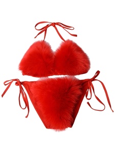 Ensemble bikini femme en fausse fourrure moelleuse, style licou, triangle à nouer sur le côté, pour plage, piscine, tenue de club, costume de scène, personnalisable - Product Image 5