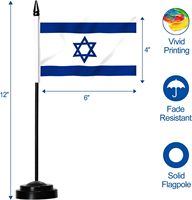 Drapeau de table/bureau promotionnel personnalisé en polyester 100D, 4'' x 6'' (15 x 10 cm), avec base noire et hampe, livraison le lendemain, Israël
