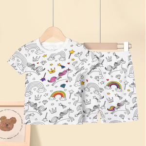Wholesale Coloring Painting Drawing Image <strong>Unicorn</strong> Unisex Children <strong>Pjs</strong> Diy Cartoon Graffiti Girl Pajama Set for Kids - Product Image 3