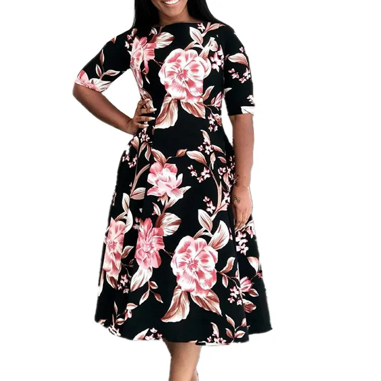 Meia Manga A linha Midi Floral Vestidos Casuais Plus Size Mãe Da Noiva Vestidos Mulheres Senhora Elegante Vestido de festa