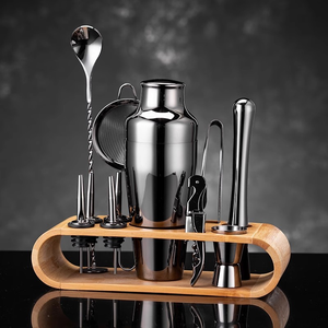 गर्म बिक्री कस्टम लोगो 12 टुकड़े बार अंडाकार बांस फ्रेम सेट उपकरण फ्रांस शैली स्टेनलेस स्टील अल्कोहल शेकर - Product Image 1