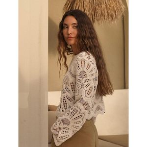 เสื้อโครเชต์แขนกระดิ่งสำหรับผู้หญิง ผ้าถักบางโปร่ง ระบายอากาศได้ดี ซีทรู เหมาะสำหรับชุดเที่ยวพักผ่อนช่วงฤดูร้อน - Product Image 3