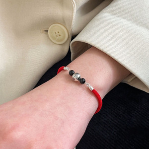 S925 Sterling <b>Silver</b> Buddhist <b>Beads</b> Red Rope Bracelet Women's Everyday Wear Agate Ball Shape Diy Braided Jewelry - Product Image 3