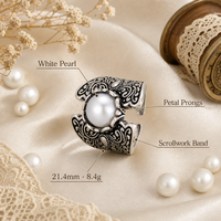 Bague en cuivre plaqué argent antique, motif sculpté, large, ouverte, avec imitation perle pour femme, bijoux vintage style bohème