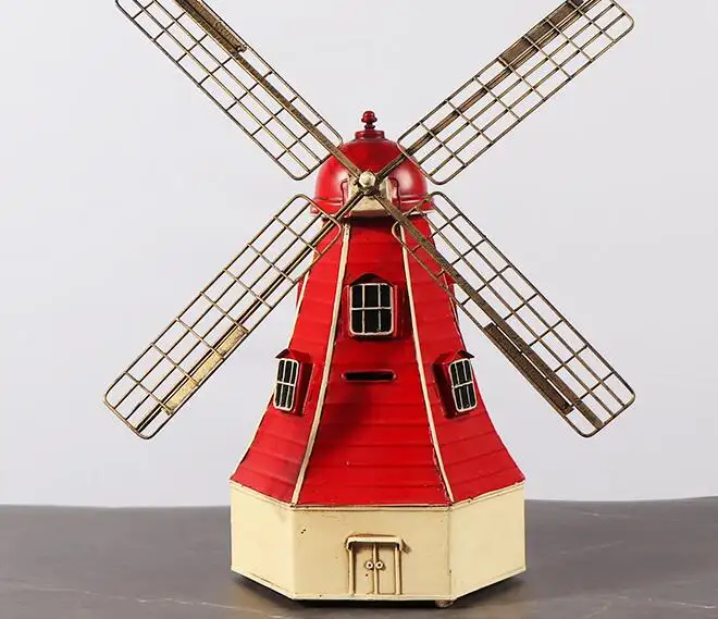 Antique Bronze Dutch Windmill Model Metal Figurine Dutch Windmill Metal Building Model Desk Decor