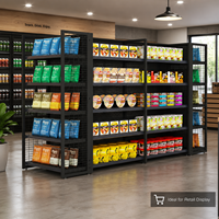 Étagère Gondole Double Face Robuste en Métal Noir avec Panneau Perforé, 5 Niveaux, pour Présentation de Snacks, Épicerie et Vente au Détail, Type Îlot