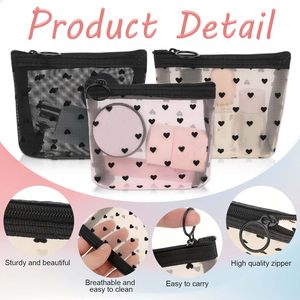 3Pcs <b>Mini</b> Cosmetic Bags Heart Print Mesh Zipper Bags <b>Lipstick</b> Accessories Organizer Makeup Bag for Women - Product Image 4