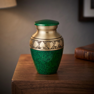 Urne funéraire en métal vert avec bande dorée et motif cœur pour cendres d'adultes - Product Image 4
