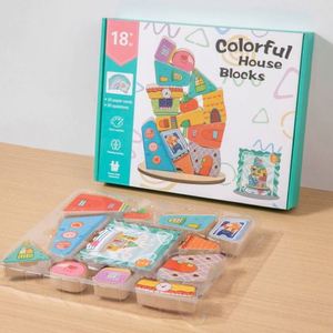 Jouet de développement de la motricité fine, blocs d'équilibre en bois en forme de maison mignonne, empilables et colorés - Product Image 3