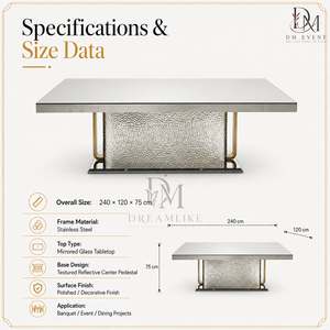 Mesa de Banquete de Acero Inoxidable de Lujo con Cubierta de Vidrio Espejo, Panel Texturizado y Pedestal, Proveedor Mayorista para Bodas y Eventos - Product Image 2