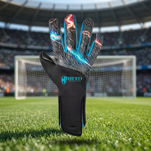 Custom Design Black and Blue Neoprene Soccer Goalkeeper <b>Gloves</b> with 4mm German Latex Medius Cut Germaan Latex Emboss - Product Image 6