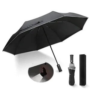 크리 에이 티브 다기능 야간 안전 자동 오픈 접이식 반사 우산 회전 손전등 LED 라이트 핸들