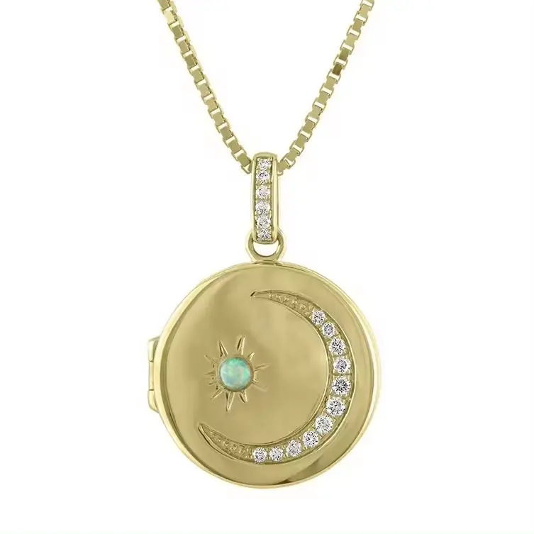 925 alla moda in argento Sterling opale collana con medaglione di monete CZ pietra zircone luna stella rotonda medaglione aperto ciondolo collana per donna