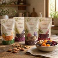 Herbruikbare verpakking van ecologisch verantwoorde staande zakken voor gedroogd fruit, met ziplock sluiting en voedselveilige aluminiumfolie.