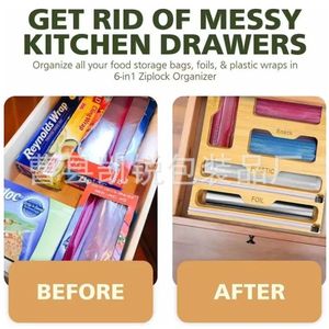 Bamboo Drawer Style Cling Film Storage Rack Wall Mounted <b>Foil</b> Cutter Holder Kitchen Food Bag Organizer Rectangle Lacquered - Product Image 4