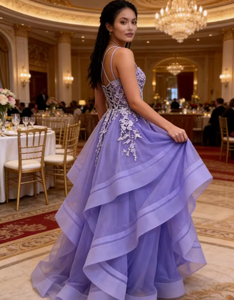 Abito da Sera in Tulle a Strati Grigio con Applicazioni in Pizzo Scintillante e <span class=keywords><strong>Schiena</strong></span> Incrociata per Cerimonie e Matrimoni - Product Image 5