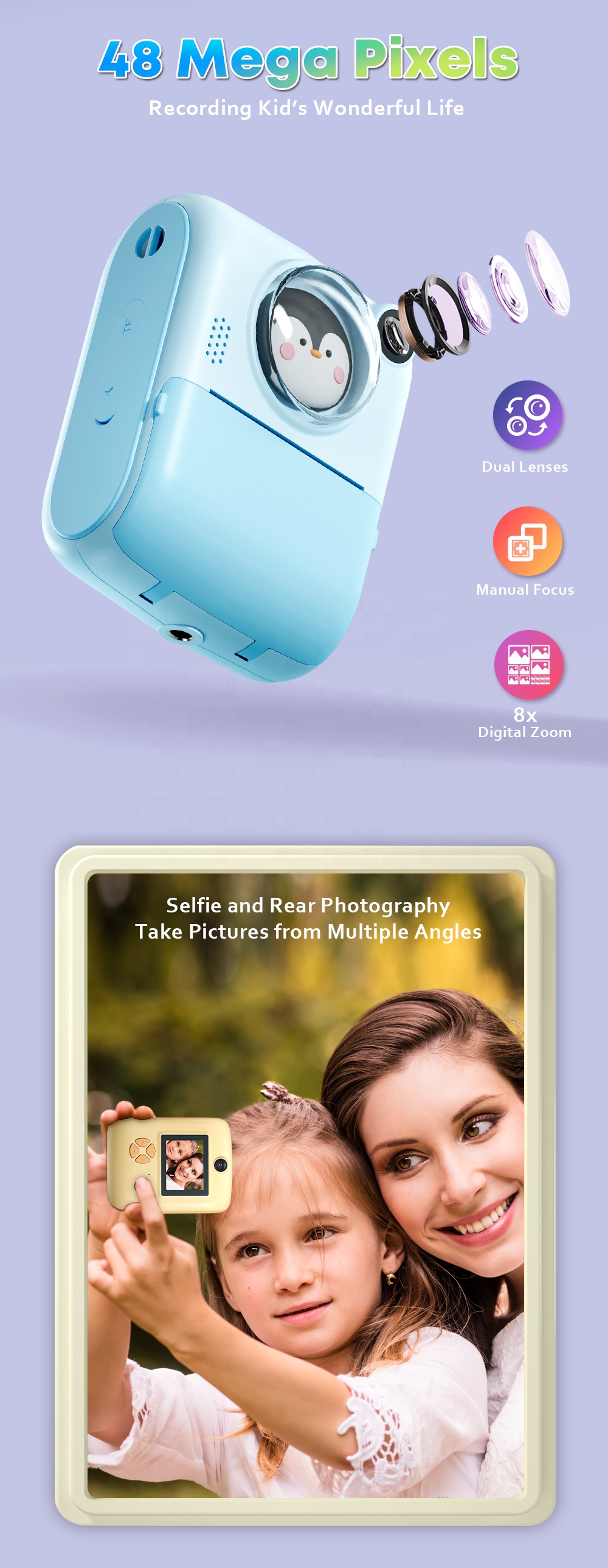 Multilingual ABS Kids Digital Cameras Dual Lens Instant Print
