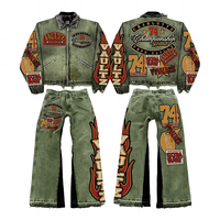 Ensemble de vêtements pour hommes vintage en denim délavé à l'acide, style streetwear américain, veste et pantalon, deux pièces