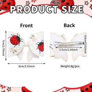 Barrette à cheveux en cuir PU brodée de coccinelle et de fleurs pour enfants, avec nœud, faite à la main, cadeau mignon - Product Image 4