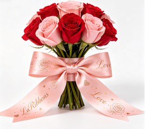 Ruban en satin rose avec imprimé cœurs dorés, ruban gros-grain en polyester pour emballage cadeau, décoration de bouquets, certifié OEKO‑TEX - Product Image 5