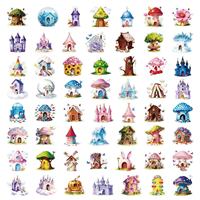 56 pegatinas impermeables transparentes de dibujos animados del mundo de los cuentos de hadas, casa de setas, mascotas, para decoración DIY de fundas de teléfono, cuadernos y vasos.