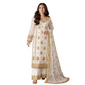 Nouvelle collection : Kurti élégant 3 pièces avec Plazzo et Dupatta en Faux Georgette lourd, séchage rapide, idéal pour les fêtes, magnifique travail. - Product Image 1