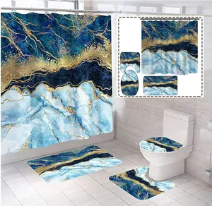 Navy Blue Marble Shower Curtain Set With 4 PCS For Bathroom With Many Hot Design Patterns Free Sample Offered