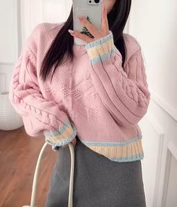 Wholesale Custom Women's Preppy Long Sleeve Crochet <b>Cable</b> Pullover Sweet Jacquard Print Front Logo Silk <b>Sweater</b> Top for Winter - Product Image 1