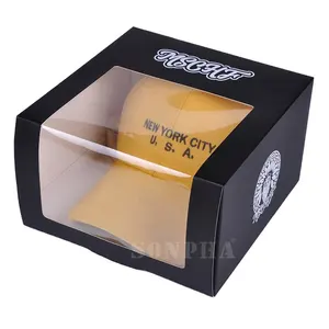 थोक कस्टम कागज की टोपी पैकेजिंग चरवाहा टोपी उपहार बॉक्स स्पष्ट खिड़की के साथ सोने के फूल टोपी उपहार बॉक्स पैकेजिंग सेट