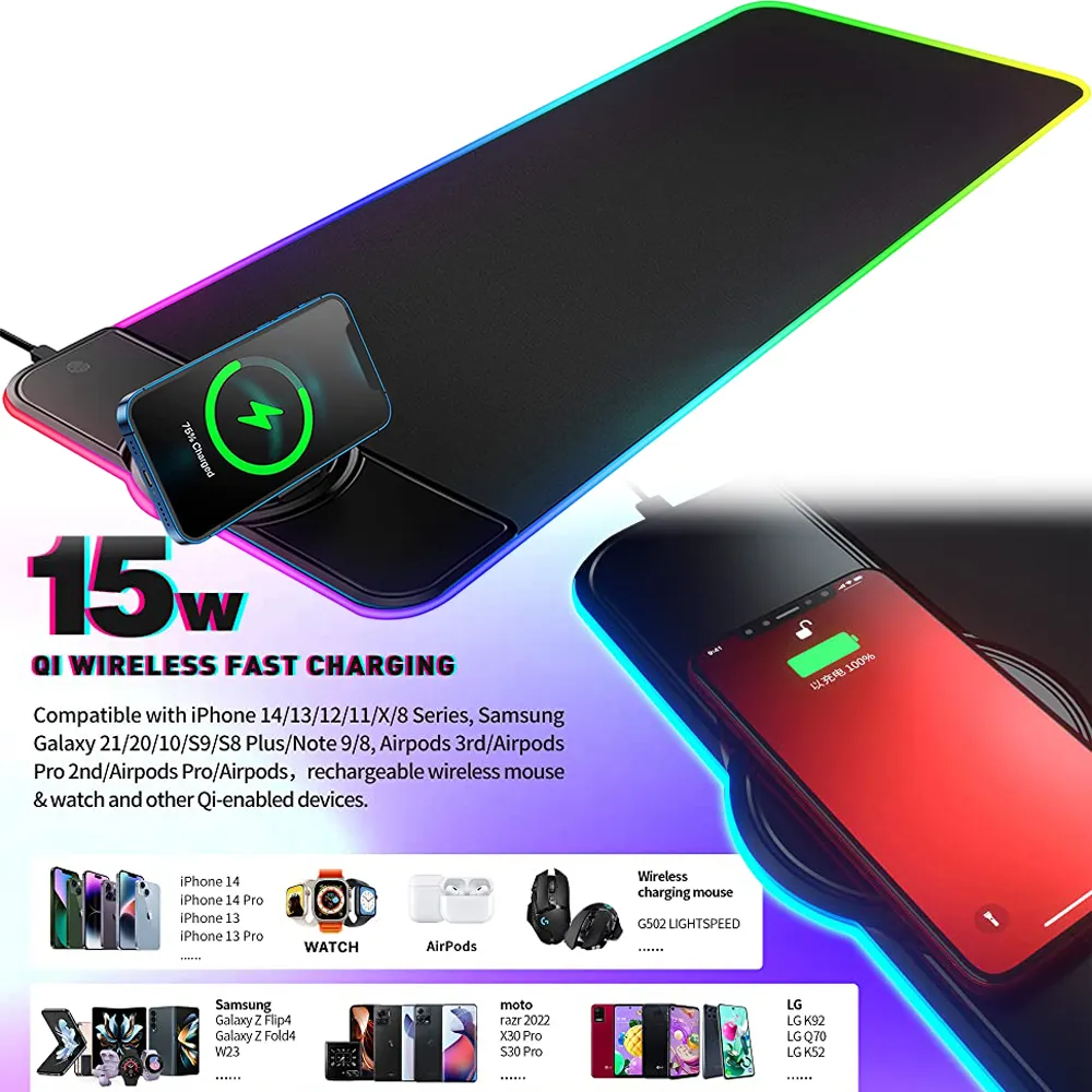 Hot Selling Wireless Charger Gaming RGB Mouse Pad Large Gamer Natural Rubber LED 5W 7.5W 10W QI 15W