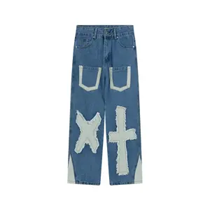 Hot Sell Nieuw Design High Streetwear Whisker Cross Geborduurde Jeans Heren