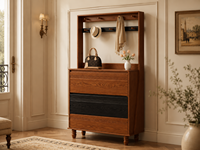 Meuble à chaussures et porte-manteau autoportant en bois massif de style Mid-Century français pour entrée de maison