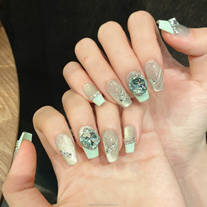 Faux ongles à presser, style français, <span class=keywords><strong>vert</strong></span> sucre de roche, effet œil de chat, grand diamant, ovale moyen - Product Image 2