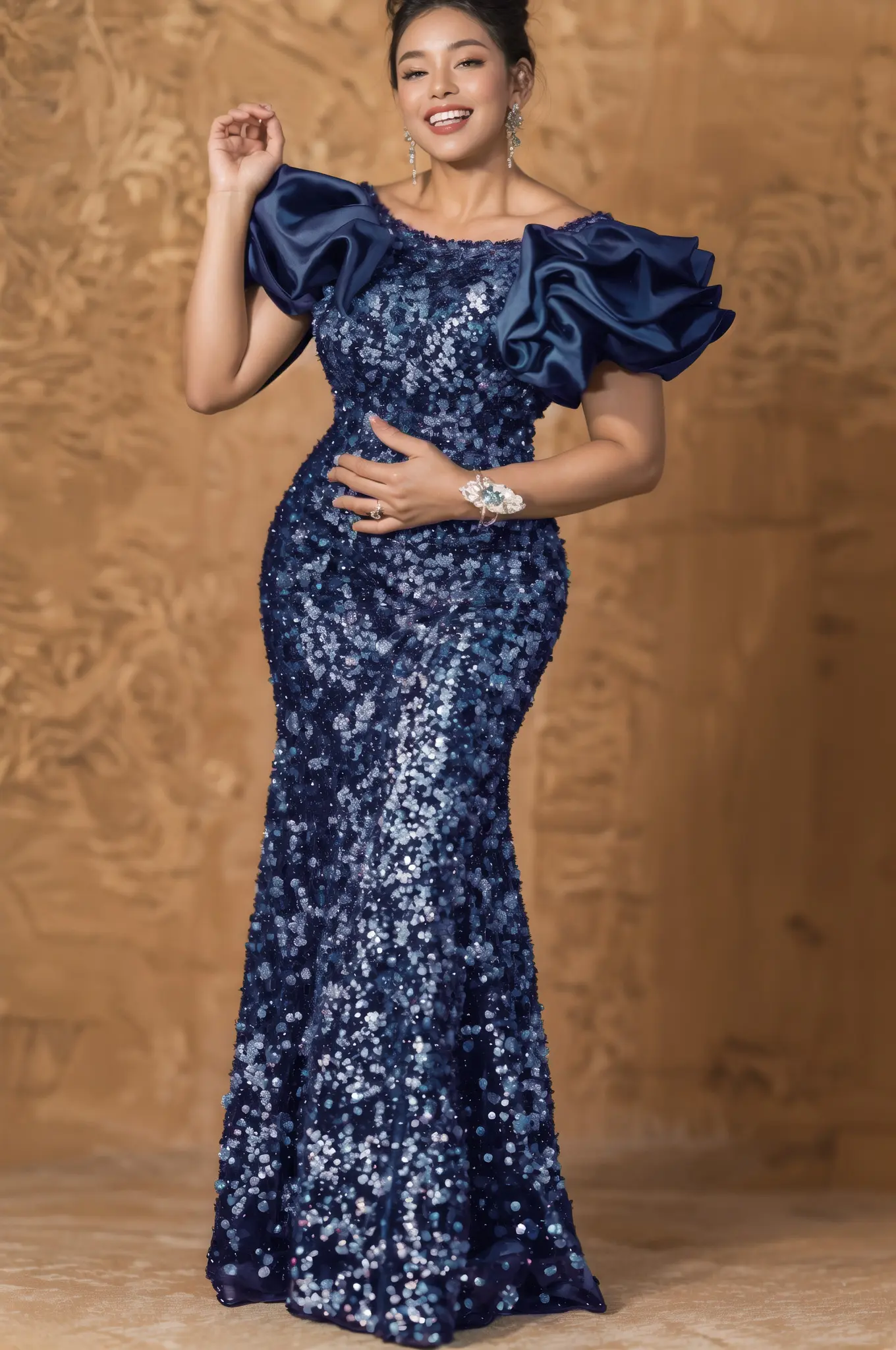 नवीनतम नीली सेक्विन ग्रैब स्लीव्स लंबी शाम का गाउन फैशन मरमेड ड्रेस