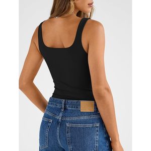Camisetas sin mangas de cuello cuadrado con doble forro para mujer, top corto básico de verano sin espalda, de punto transpirable de elastano y poliéster - Product Image 5